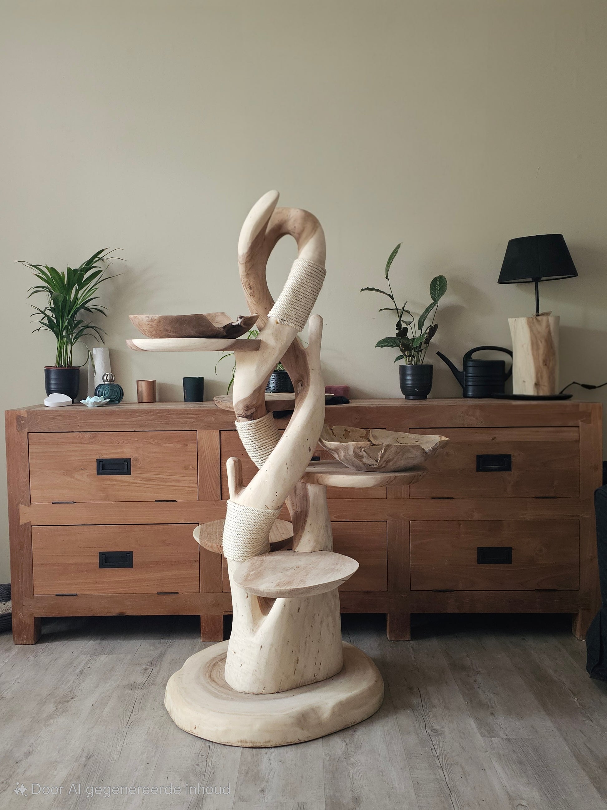 Handgemaakte houten krabpaal, 2 gedraaide stammen met verschillende plateau's en krabplekken