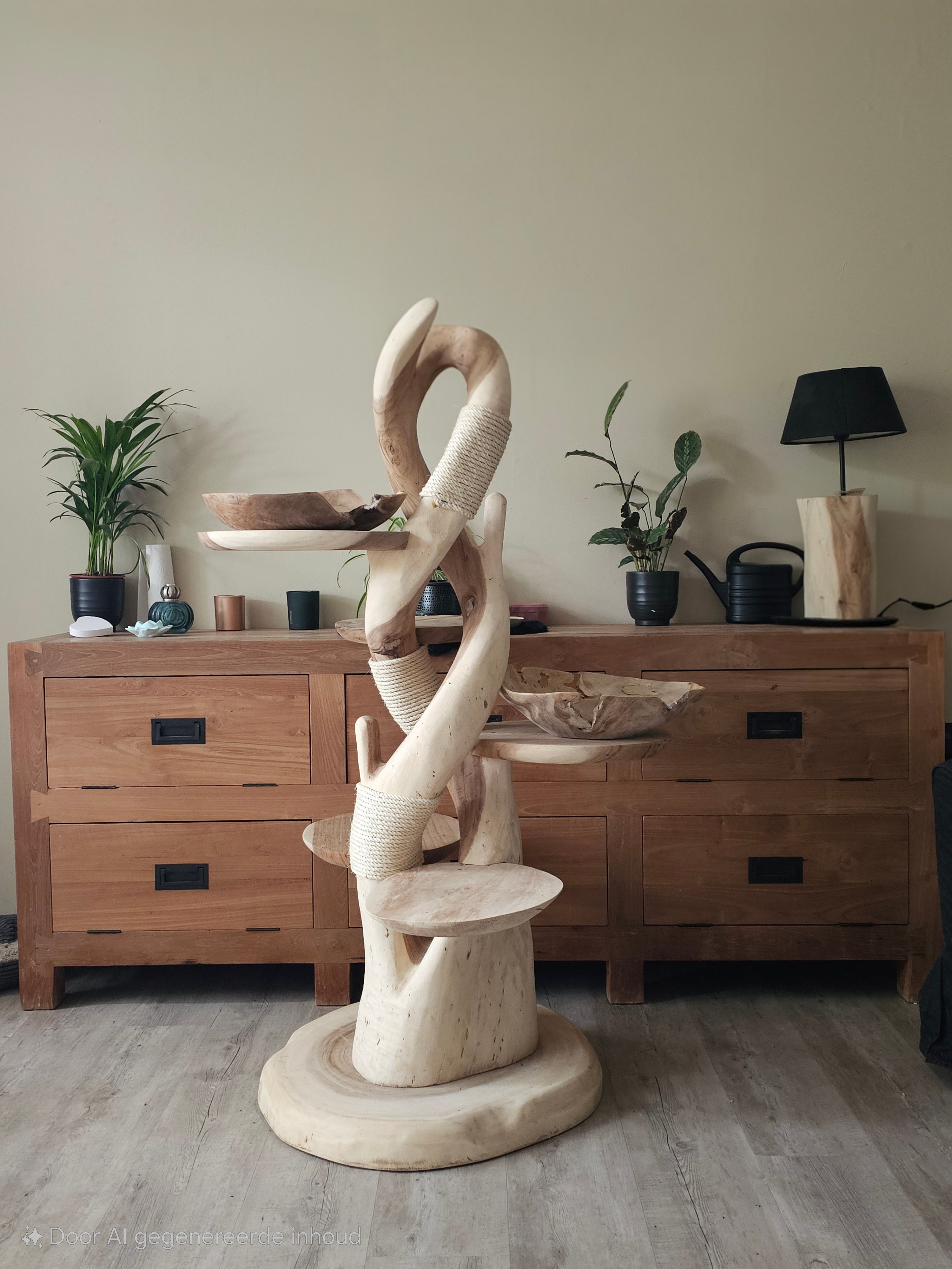 Handgemaakte houten krabpaal, 2 gedraaide stammen met verschillende plateau's en krabplekken