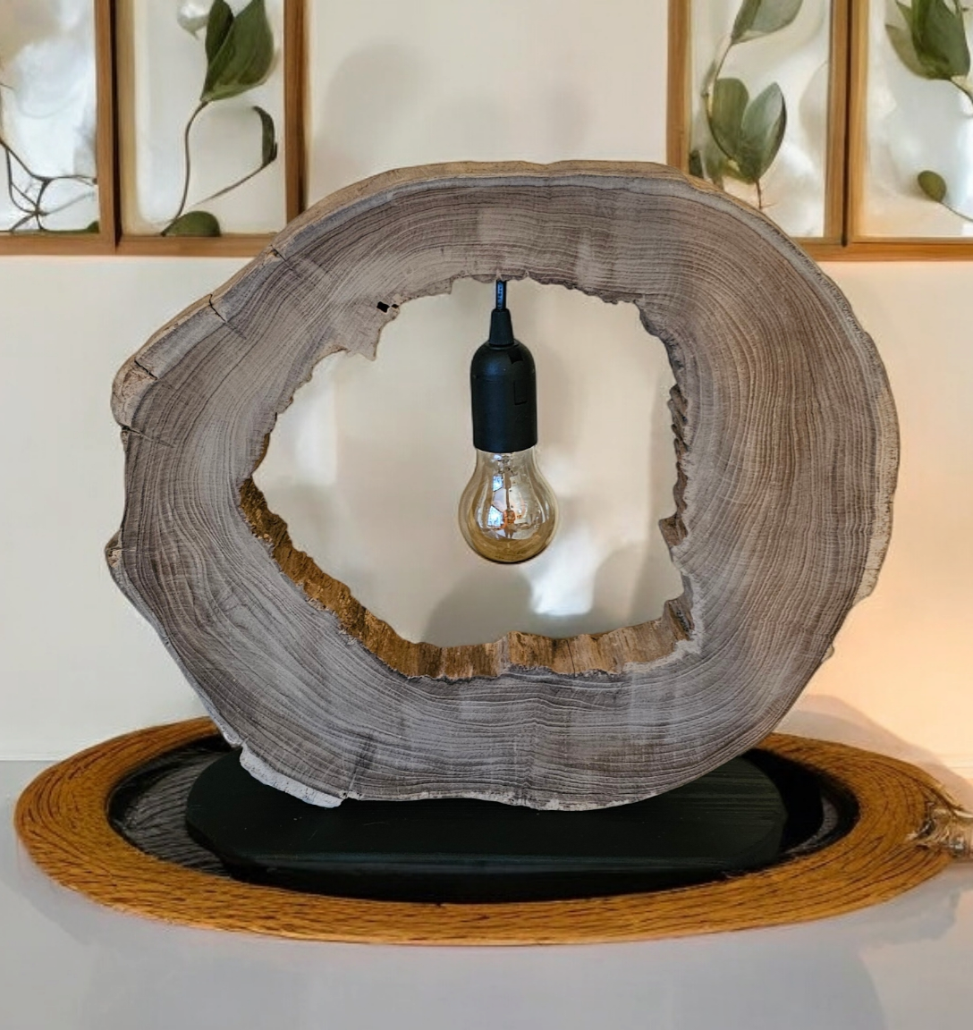handgemaakte lamp van een ronde schijf suarhout op een plateau