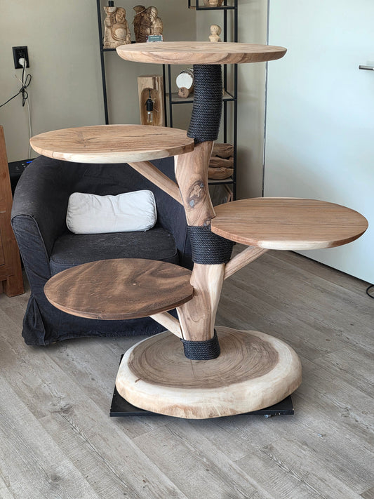 Krabpaal van suarhout met 4 plateau's en 3 zwarte sisal krabplekken