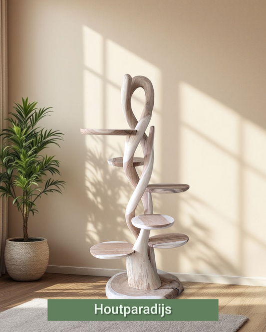 Houten krabpaal Farah 180cm hoog dubbele draaiende stammen 6 plateau's in houtparadijs huisstijl