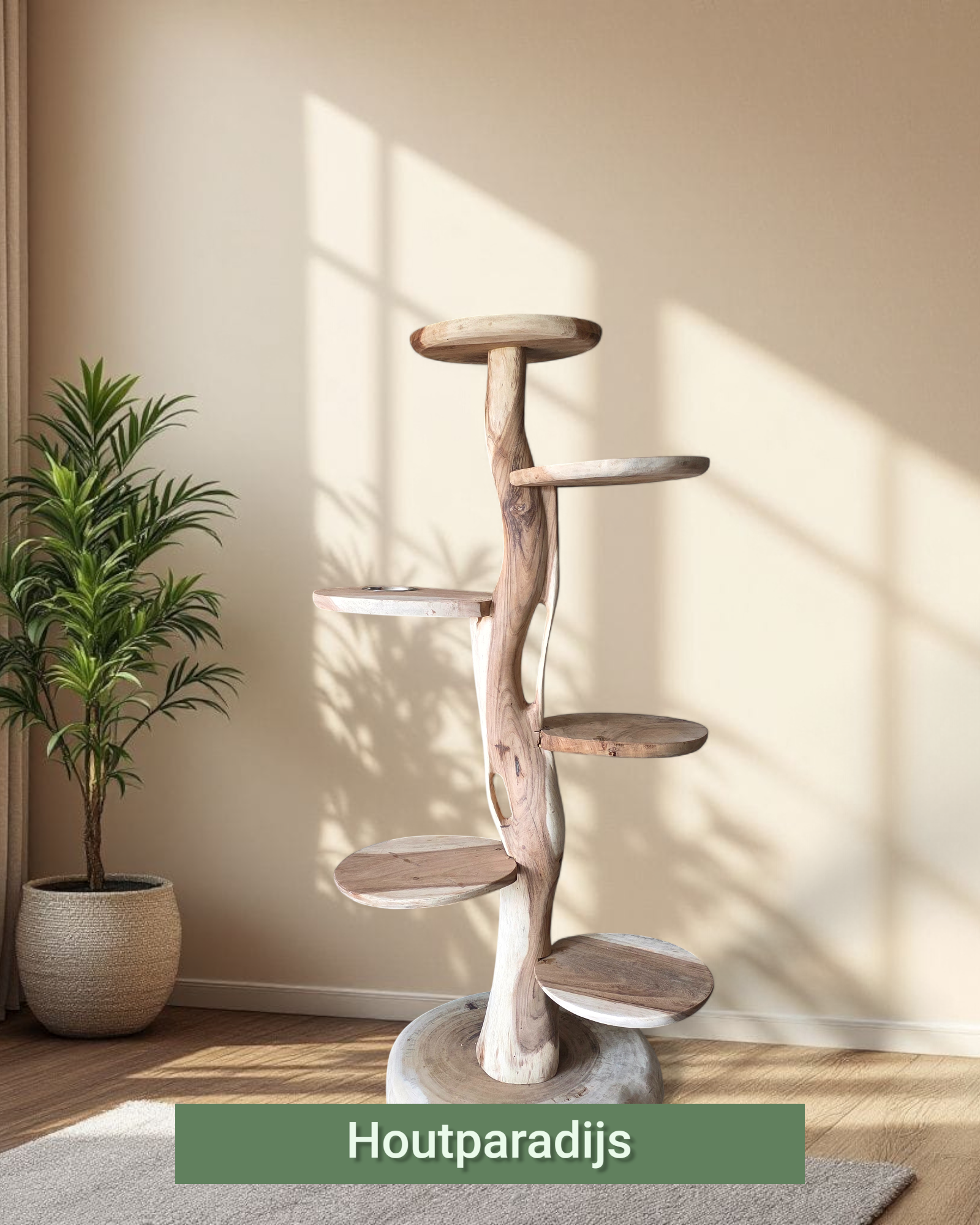 Houten krabpaal Kate 180cm hoog 6 plateau's in houtparadijs huisstijl