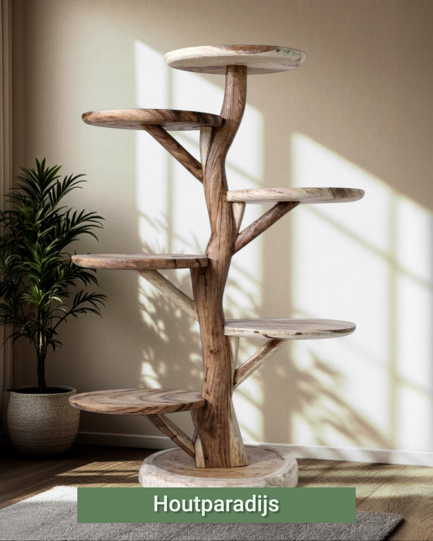 Houten krabpaal Kimmie 180cm hoog 1 stam 6 ovale plateau's in de olie