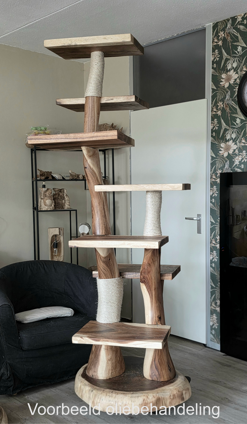 Houten krabpaal met 2 stammen, 7 plateau's, 3 sisal krabplekken, geolied 