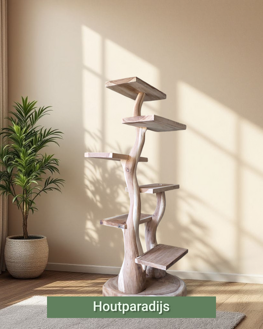 Houten krabpaal Lewis 150cm hoog 2 ongelijke stammen 5 rechthoekige plateau's