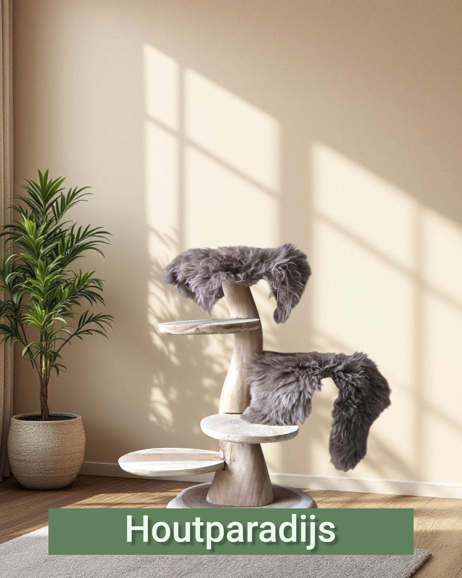 Houten senioren/kitten krabpaal Puck 90cm hoog met 5 plateau's n 2 donkere schapenvachten
