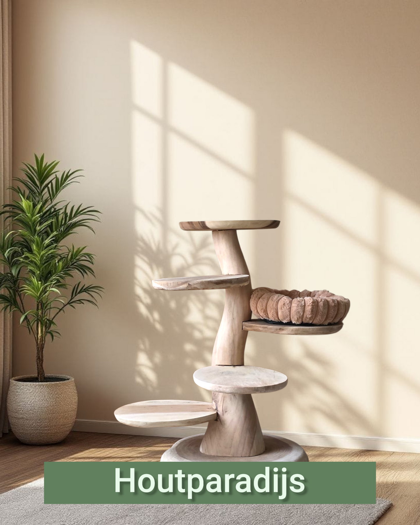 Houten senioren/kitten krabpaal Puck 90cm hoog met 5 plateau's en 1 camelkleur mandje