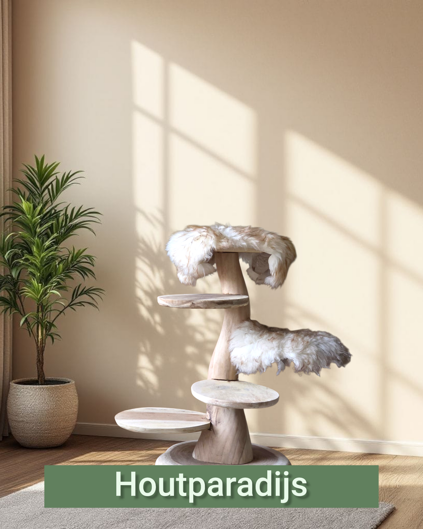 Houten senioren/kitten krabpaal Puck met 5 plateau's met 2 lichte schapenvachten