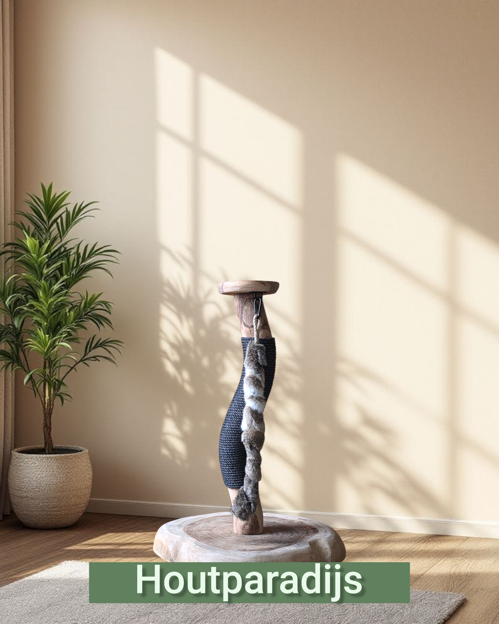 Houten krabstam Xena 90cm van suarhout met 1 topplateau, sisal touw en een konijnenbonten speeltje