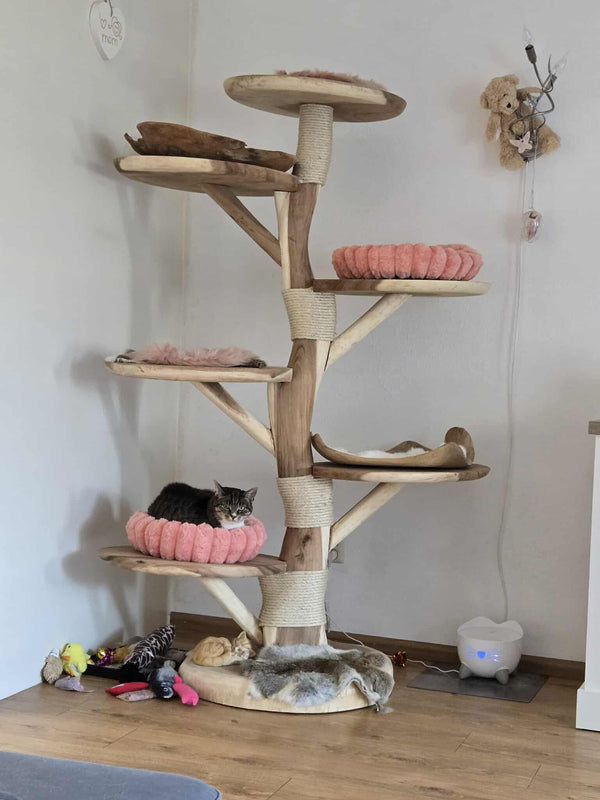 Kimmie 180cm met 4 naturel sisalplekken, 2 zachte ronde mandjes, 2 teakhouten schalen en 5 konijnenvachten
